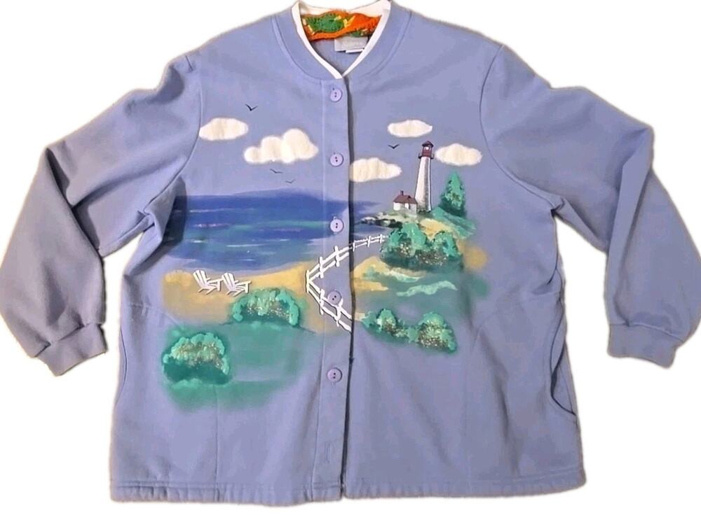 Vintage 90s Blair Lighthouse Sweatshirt Jacket XL Periwinkle Coastal Fleece